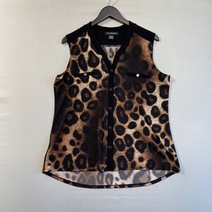 Elie McCarthy Leopard Print‎ Sleeveless V Neck Button Front Top Women L